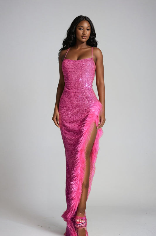 Sequin Maxi Dress with Fur Trim